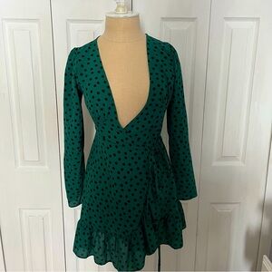 ASOS DESIGN Petite Wrap Ruffle Mini Dress in Bottle Green Dots